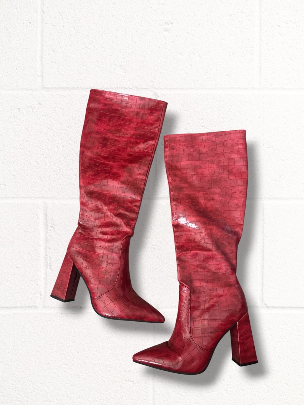 Boutique Red Knee-High Faux Leather Embossed Boots, Size 42 (11) - Picture 2 of 12
